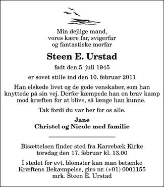R3649 Steen E. Urstad. Dødsannonce