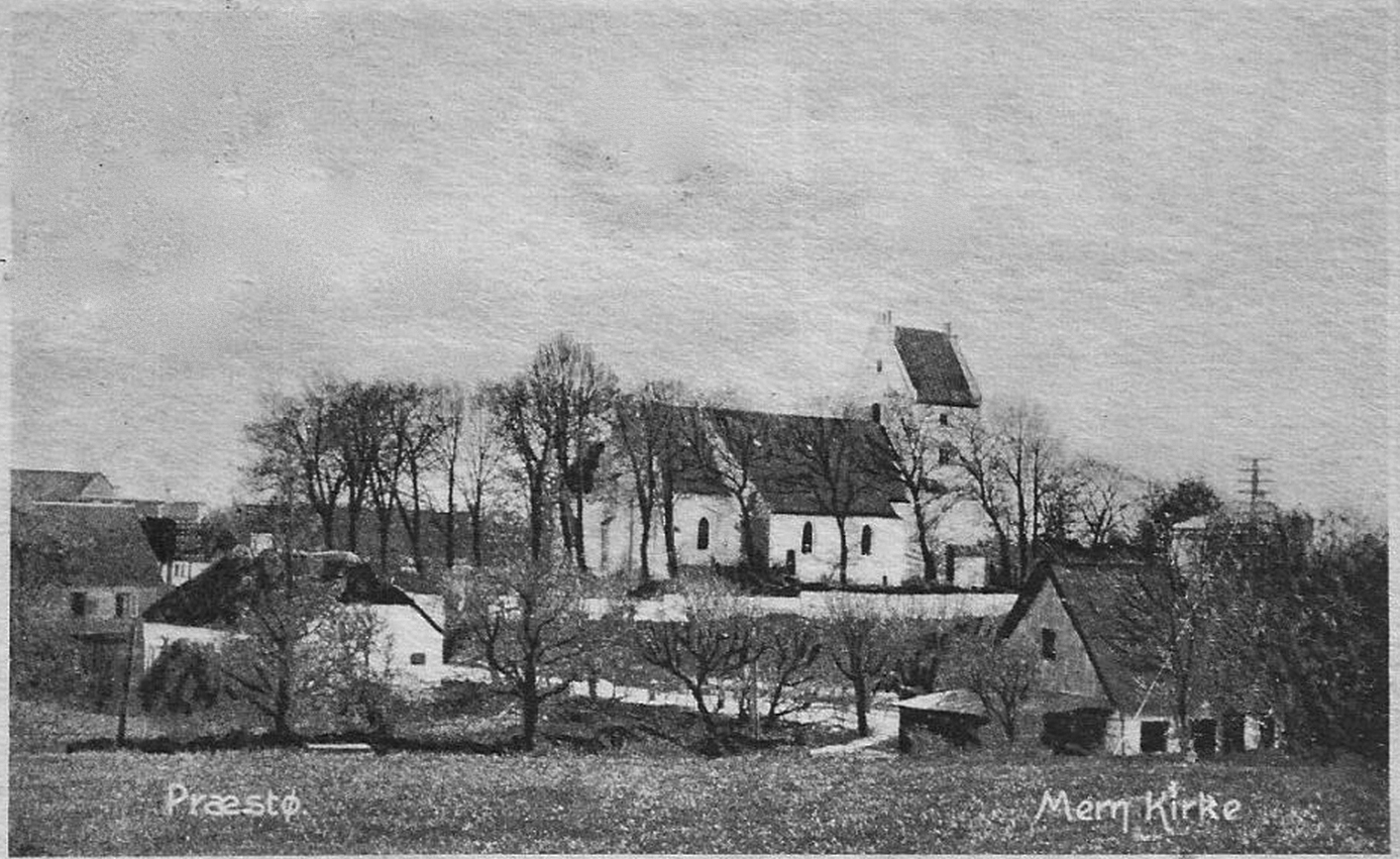 Postkort af Mern Kirke med Åbo nederst til højre
